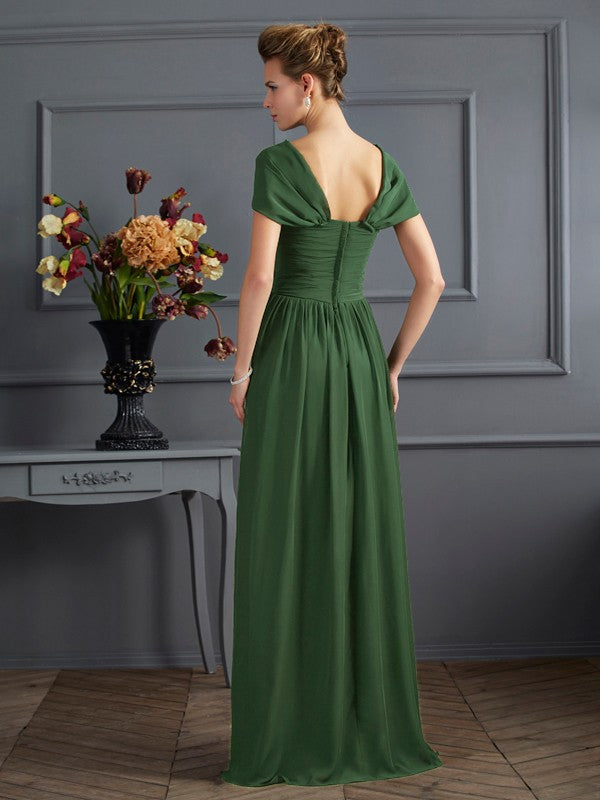 A-line princess skirt short sleeved pleated long chiffon bride dress