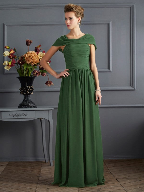 A-line princess skirt short sleeved pleated long chiffon bride dress