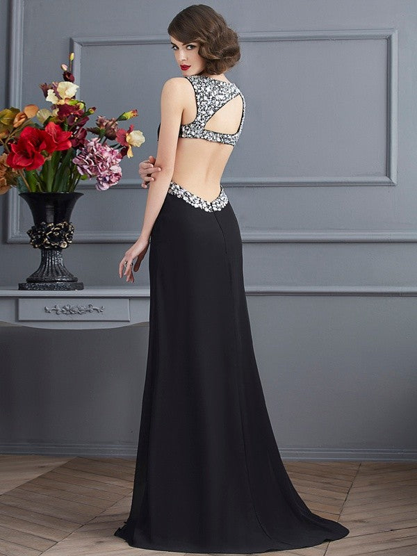 Column sexy shoulder strap sleeveless beaded long chiffon dress