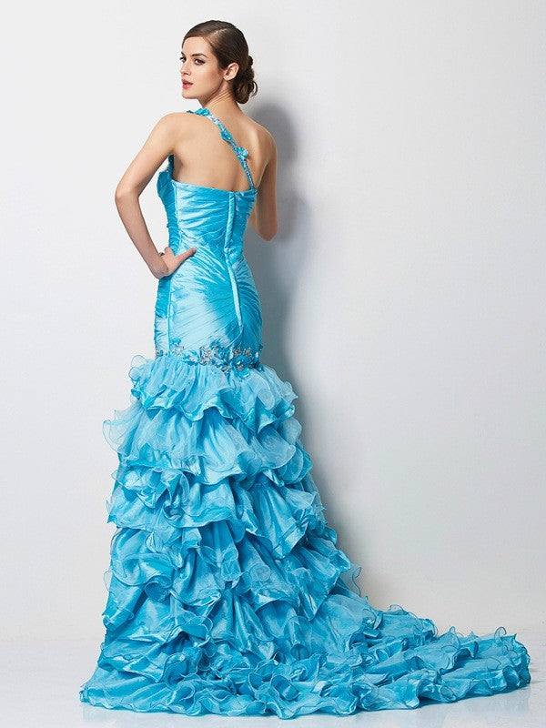 Small slim fit mermaid sexy one shoulder sleeveless beaded high and low taffeta dress