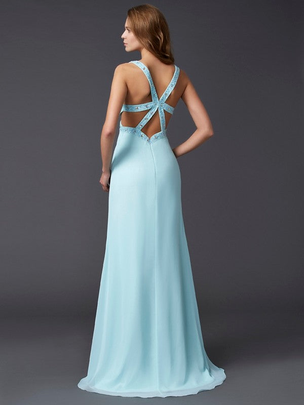 Sexy V-neck sleeveless beaded long chiffon party dress