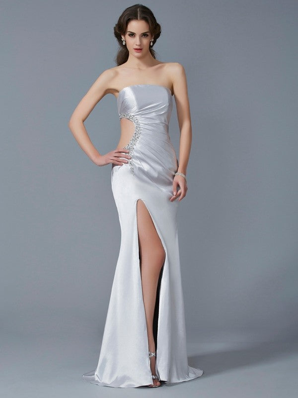 Elegant mermaid shaped sleeveless beaded elastic woven satin long dress