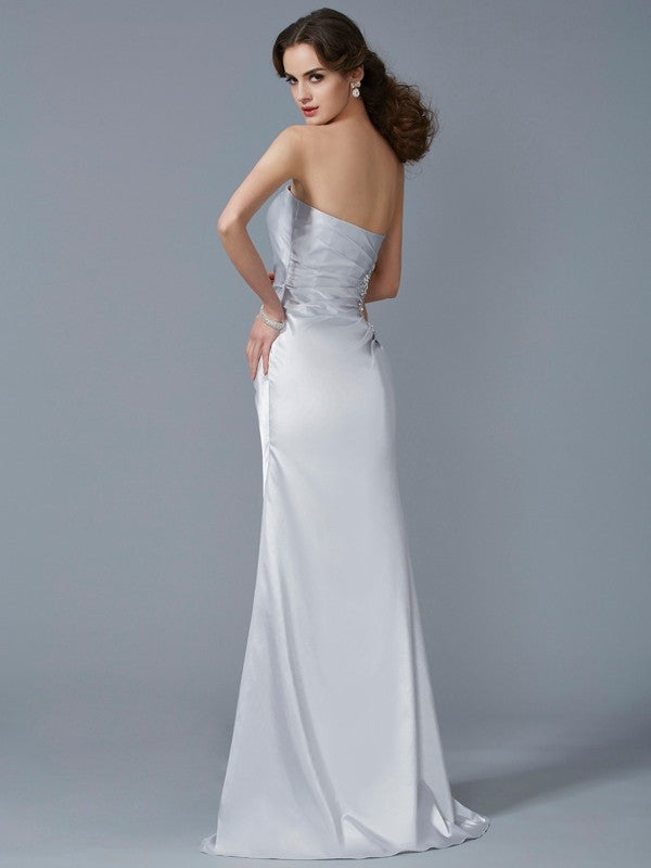 Elegant mermaid shaped sleeveless beaded elastic woven satin long dress