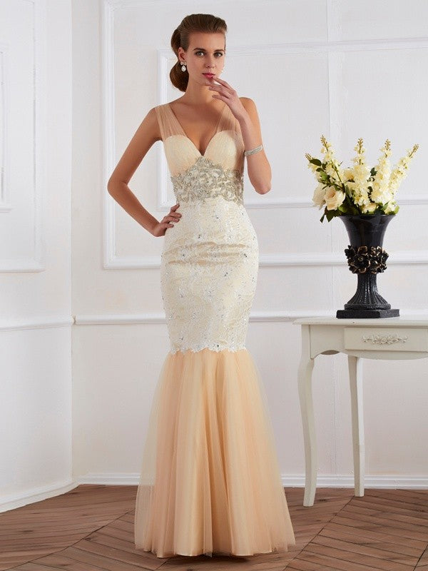 Loudspeaker slim fit mermaid strap sleeveless beaded long mesh dress