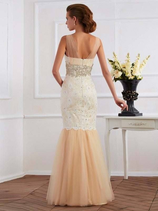 Loudspeaker slim fit mermaid strap sleeveless beaded long mesh dress