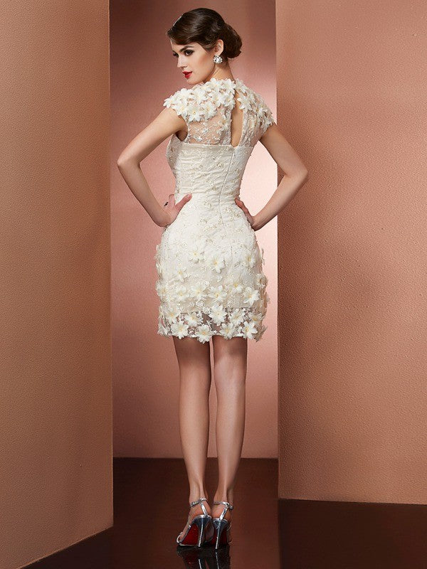 Column high neck short sleeved satin back to school ball short party dress
