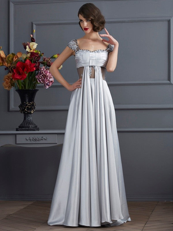 A-line Sweet Princess Off the Shoulder Sleeveless Pleated Long Elastic Woven Satin Dress
