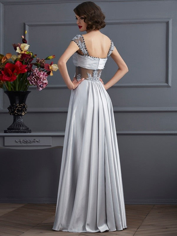 A-line Sweet Princess Off the Shoulder Sleeveless Pleated Long Elastic Woven Satin Dress