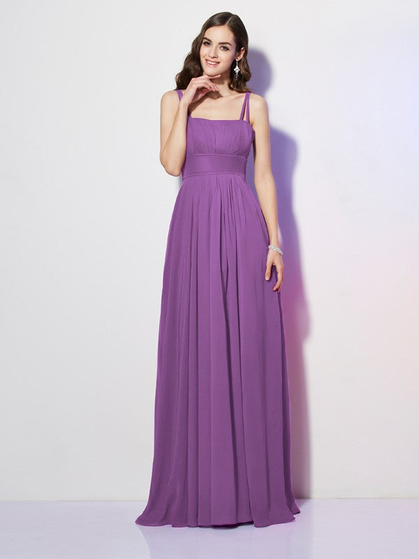 Slim fit straight tube thin shoulder strap sleeveless pleated long chiffon bridesmaid dress