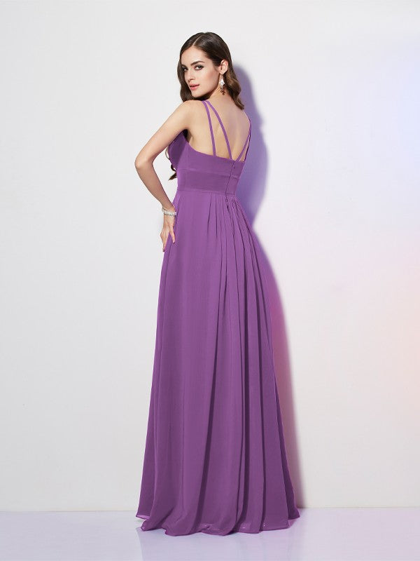 Slim fit straight tube thin shoulder strap sleeveless pleated long chiffon bridesmaid dress