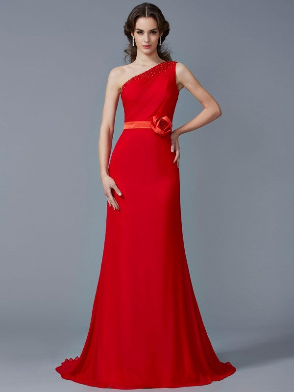 Princess Sexy One Shoulder Sleeveless Beaded Long Chiffon Party Dress