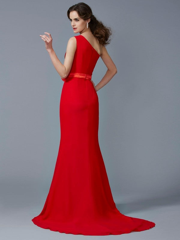 Princess Sexy One Shoulder Sleeveless Beaded Long Chiffon Party Dress