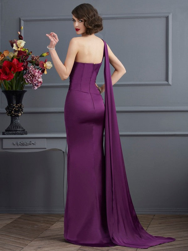 Sexy One Shoulder Sleeveless Long sleeved Silk Imitation Satin Dress