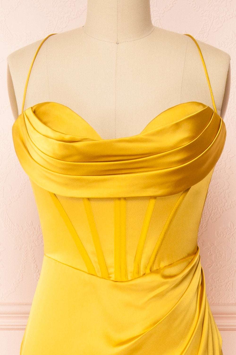 Yellow Cowl Neck Lace-Up Back Long Formal Prom Dress with Slit