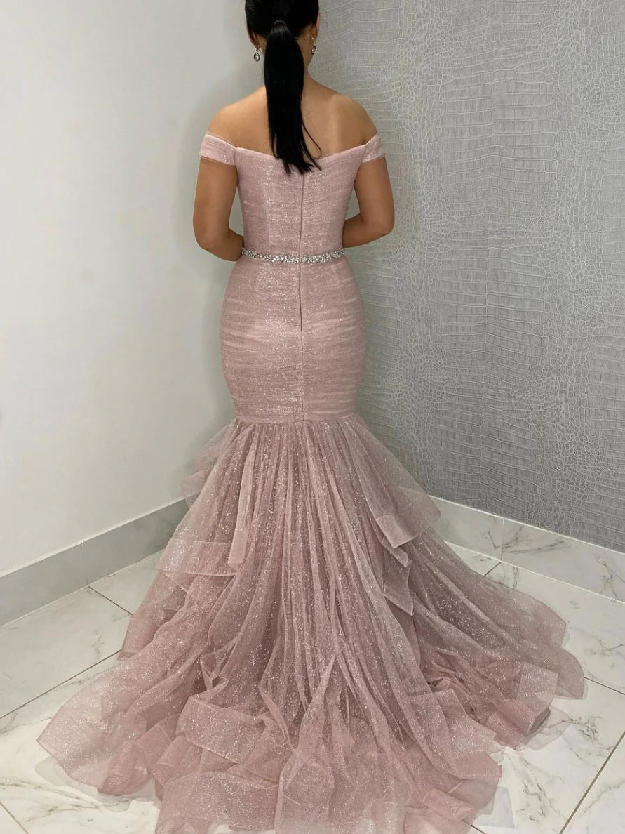 Pink off shoulder tulle sequin long prom dress pink tulle formal prom dress