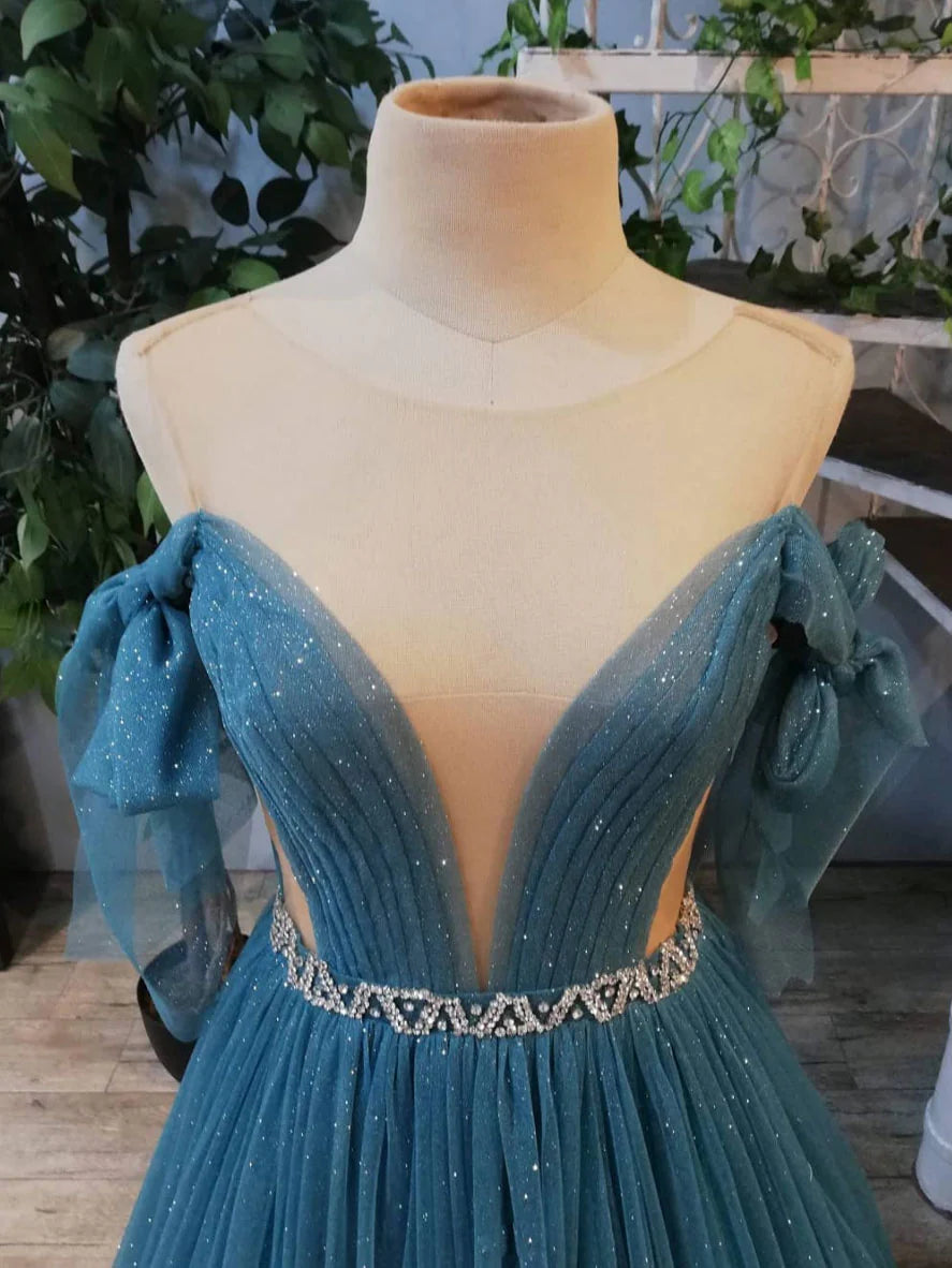 Green round neck tulle sequin long prom dress green prom dress