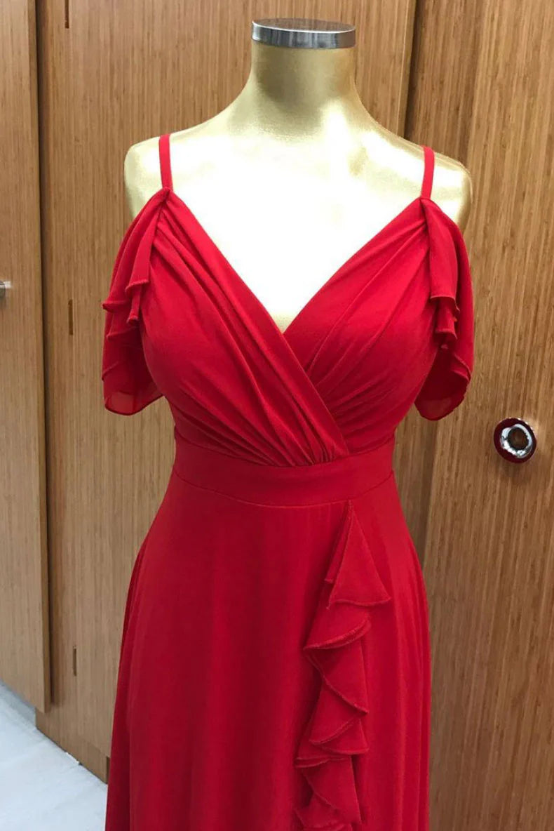 Red chiffon long prom dress red chiffon prom dress