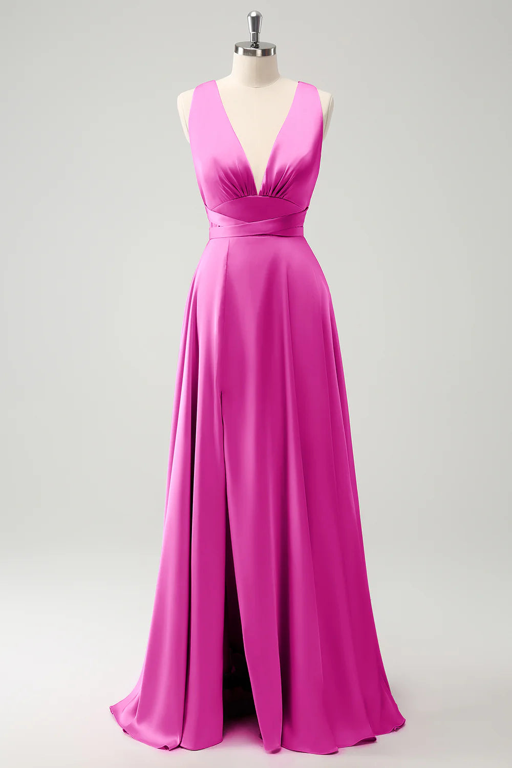 A Line Deep V Neck Backless Long Bridesmaid Dress with Slit