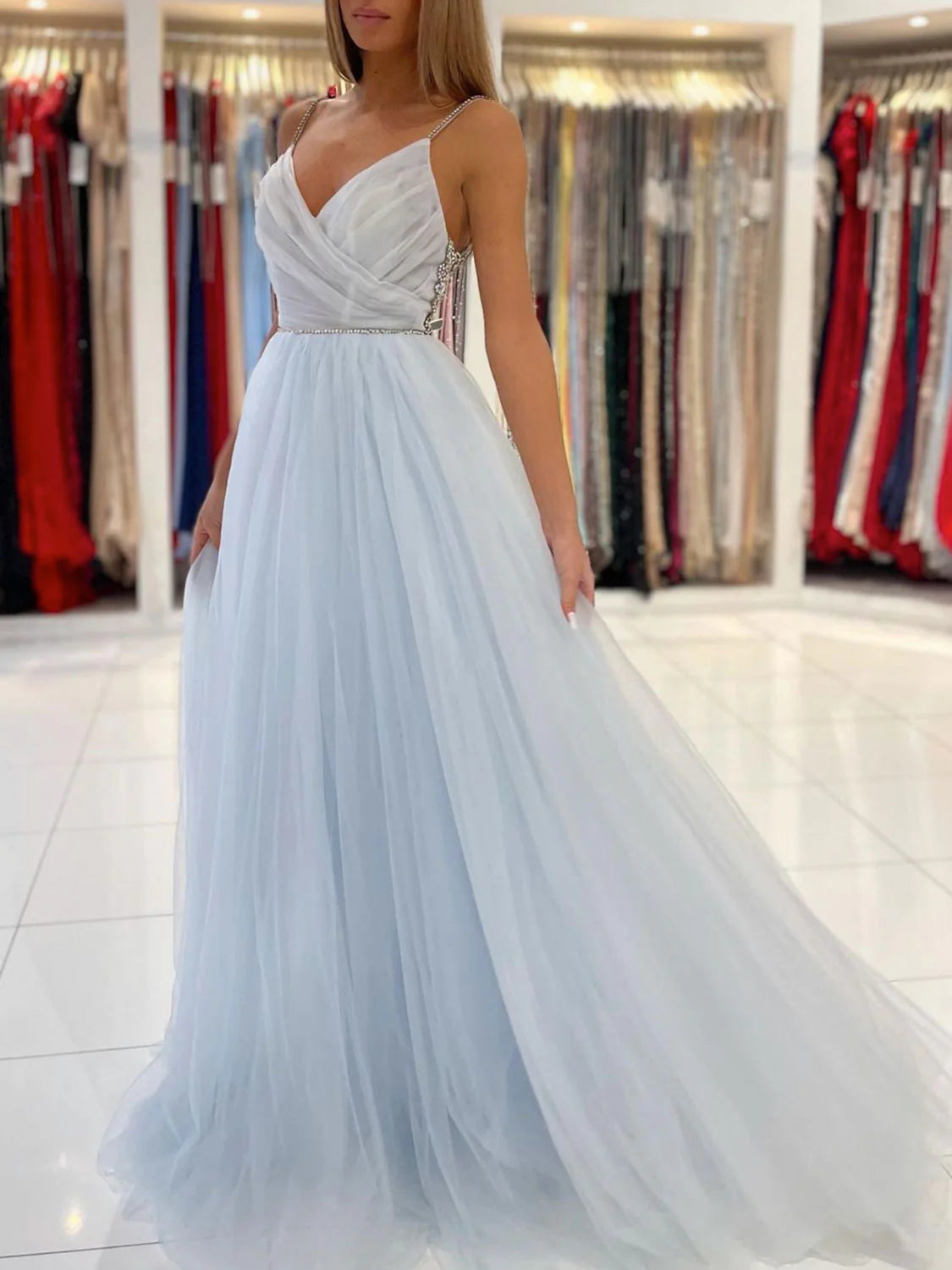 Light blue tulle long prom dress blue tulle formal prom dress