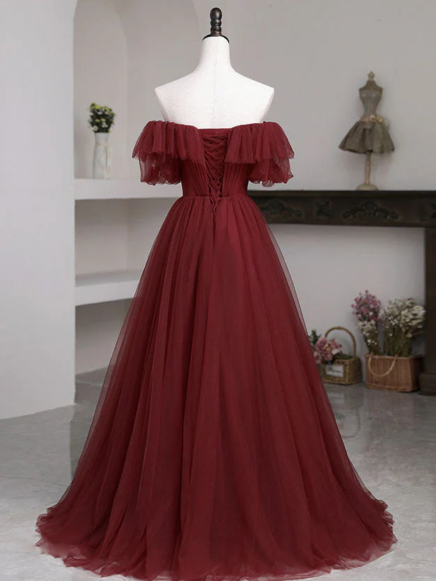 A line burgundy tulle long prom dress burgundy tulle prom dress