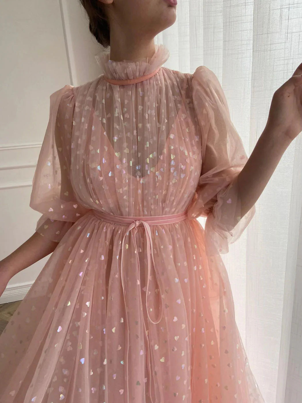 Pink high neck tulle long prom dress pink tulle prom dress