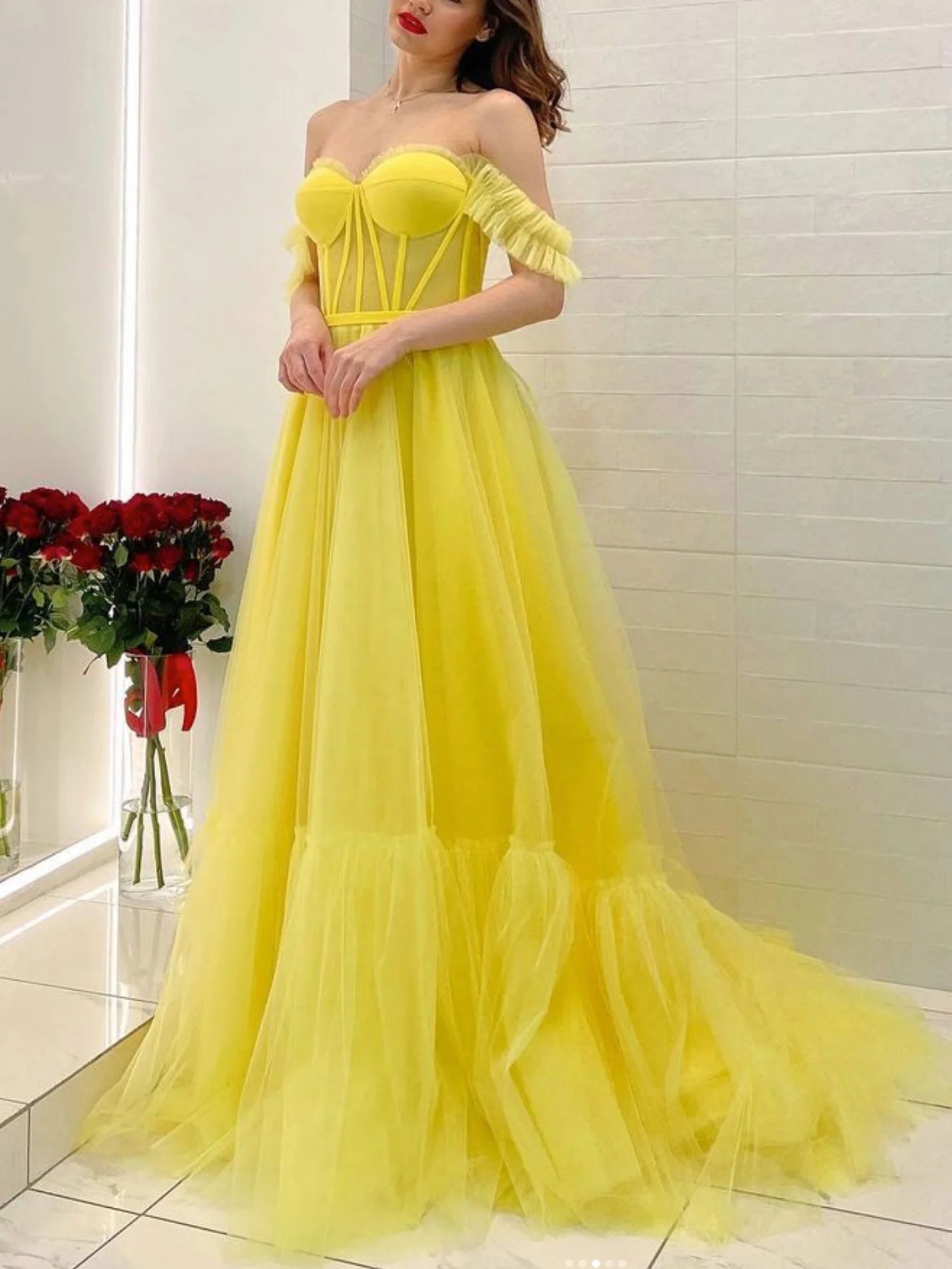 Yellow off shoulder tulle long prom dress yellow tulle prom dress