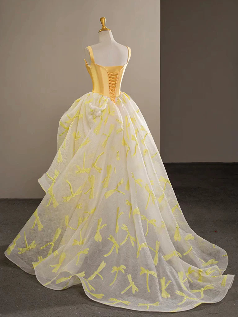 A-Line Sweetheart Neck Tulle Lace Yellow Long Evening Dress