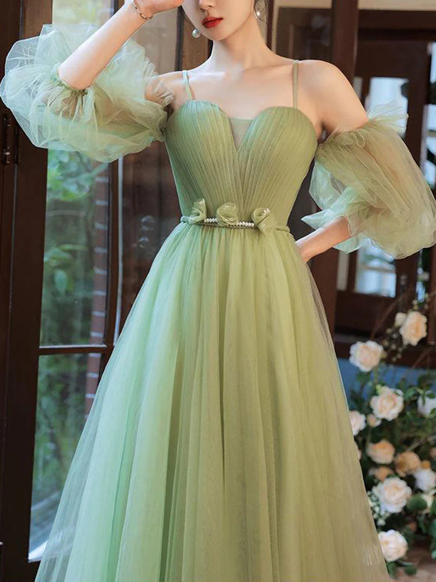 Simple green tulle A line long prom dress green prom dress