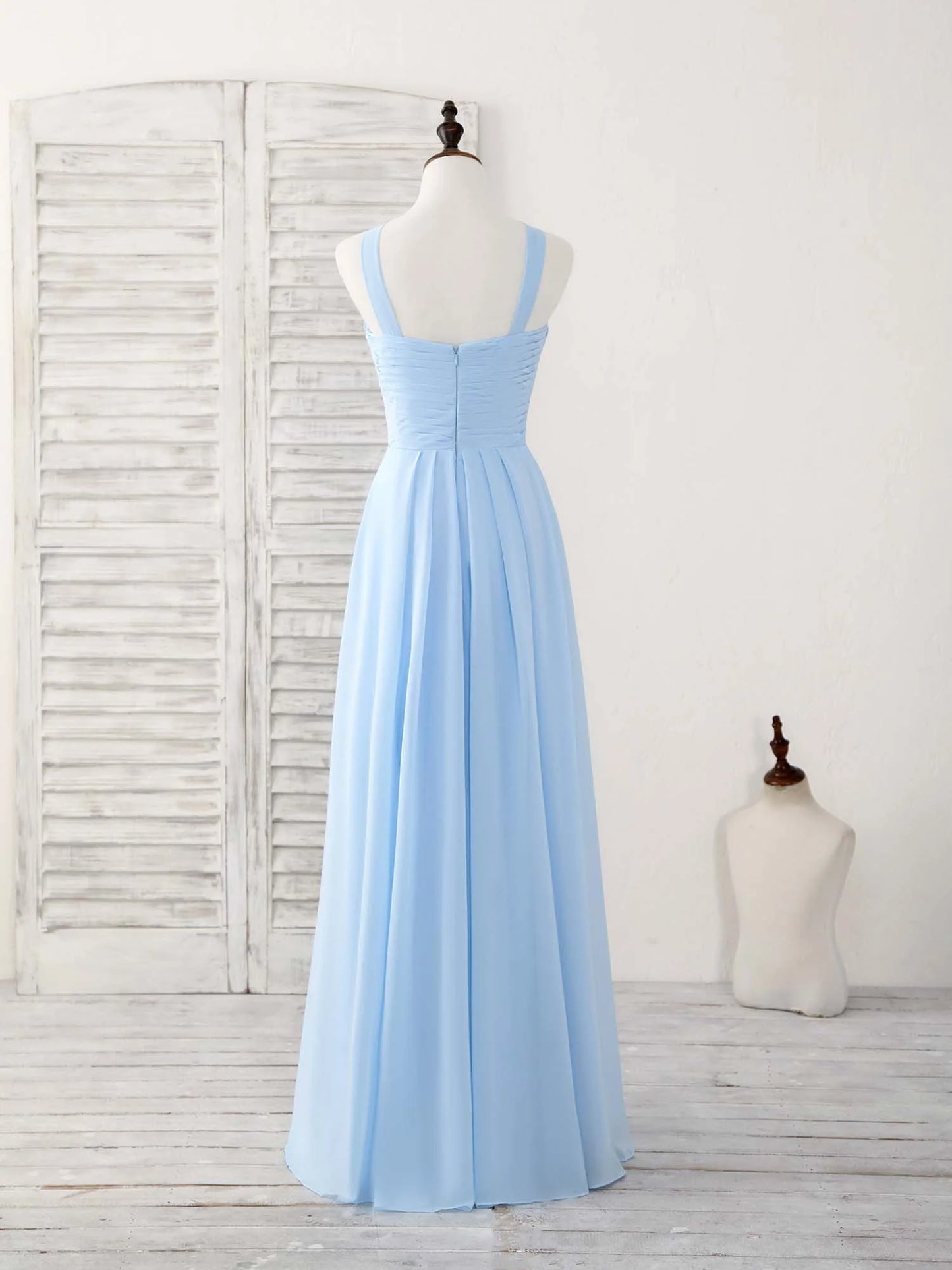 V Neck Chiffon Blue Long Prom Dress Blue Bridesmaid Dress