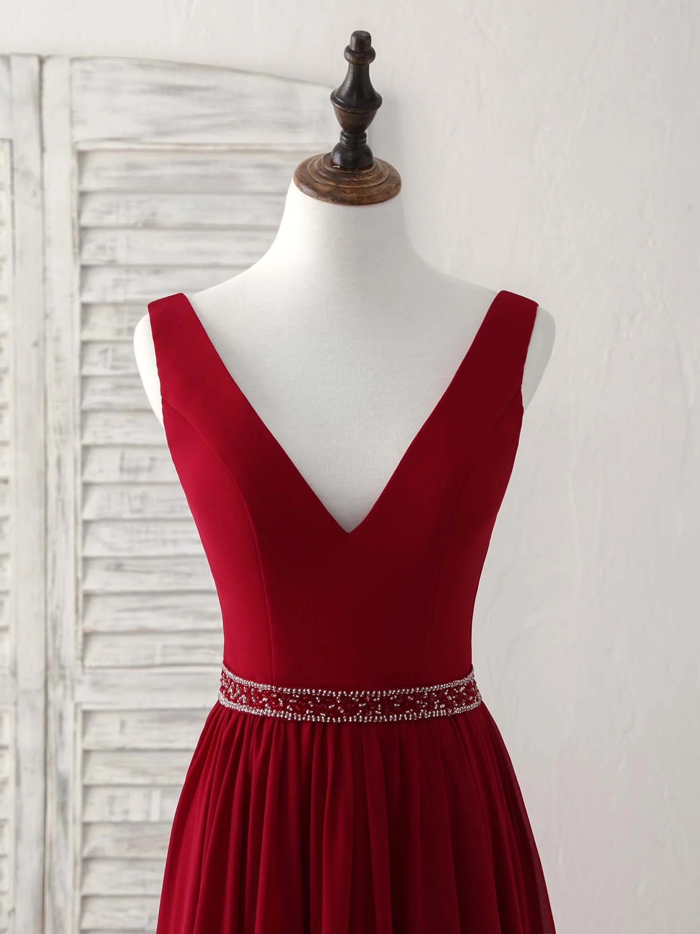 V Neck Beads Long Prom Dress Burgundy Evening Dress