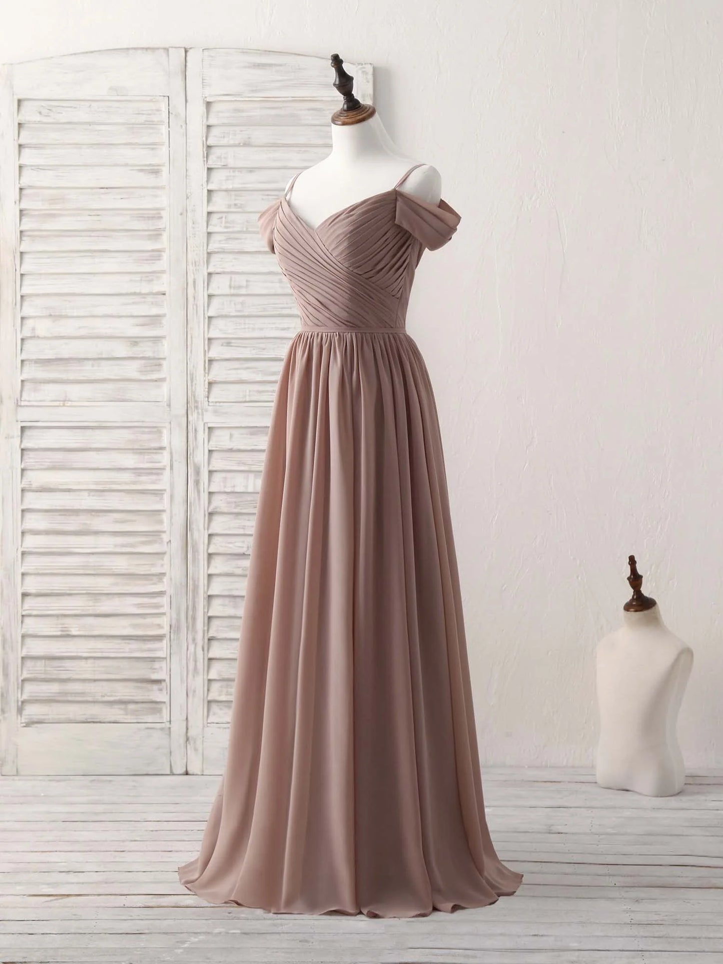 V Neck Dark Champagne Chiffon Long Prom Dress Bridesmaid Dress