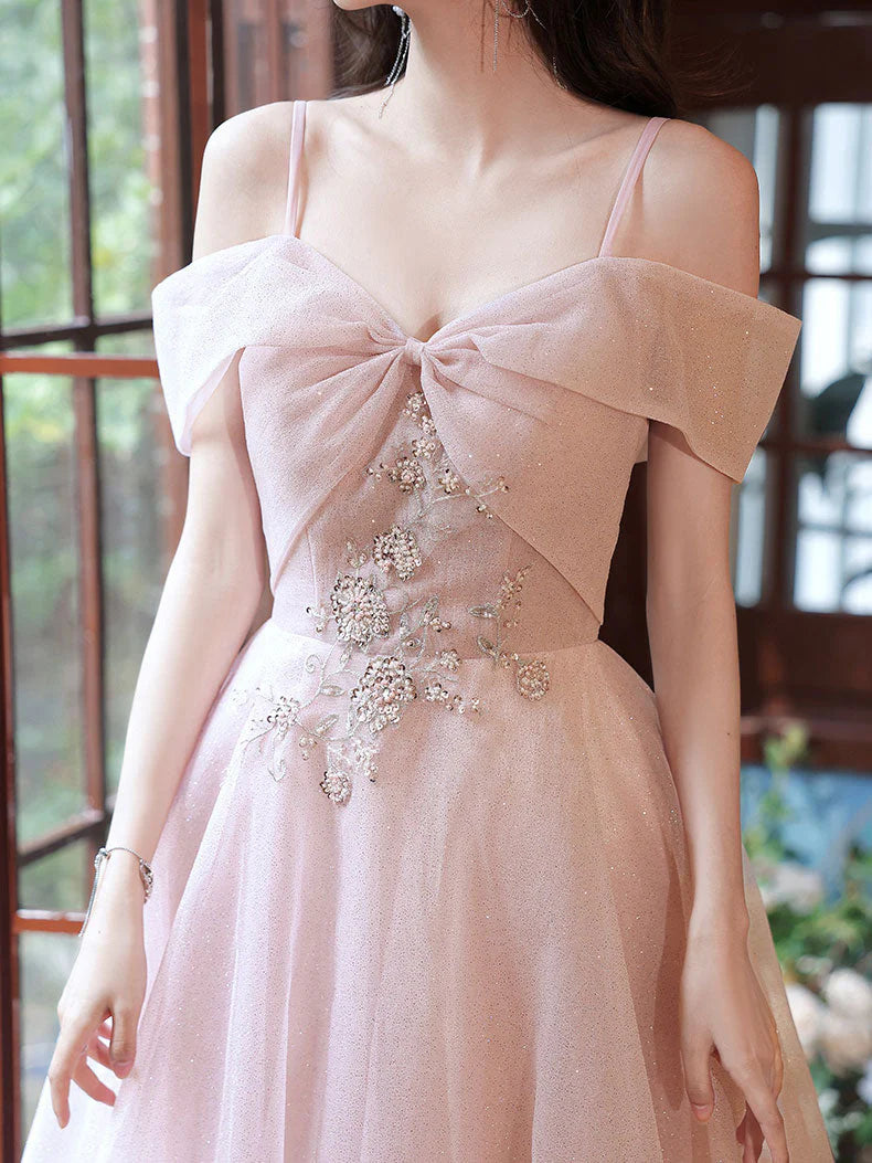 A Line Pink Long Prom Dresses Off Shoulder Pink Formal Evening Dresses