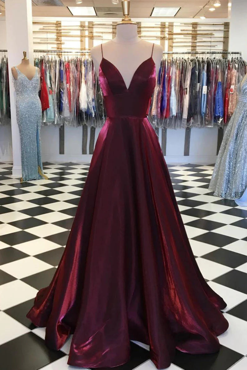 Simple v neck satin burgundy long prom dress burgundy prom dress