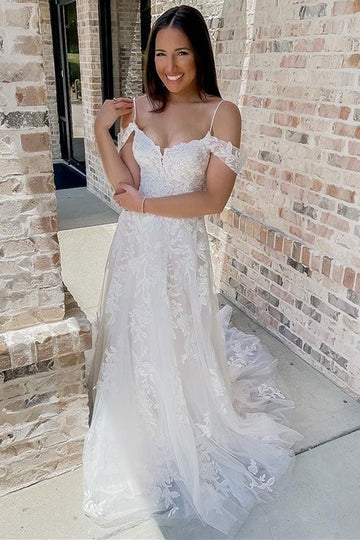White Lace A-Line Long Wedding Dress