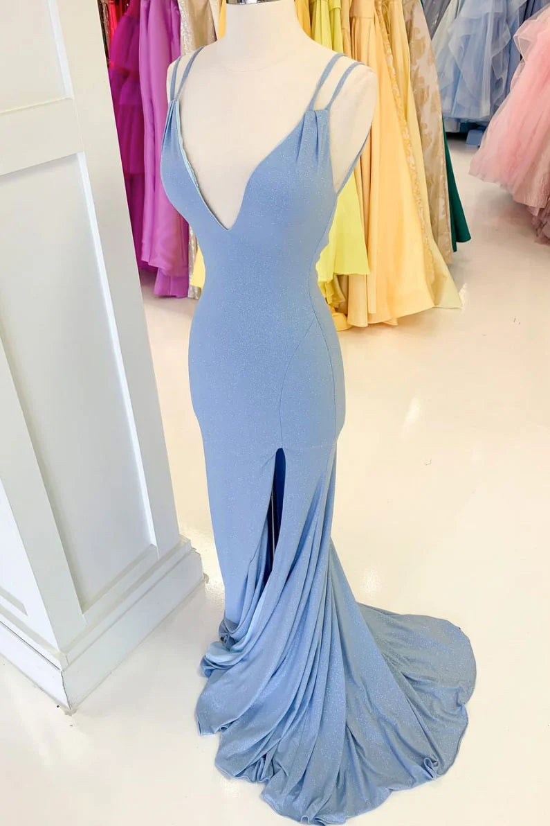 Simple v neck mermaid long prom dress blue long prom dress