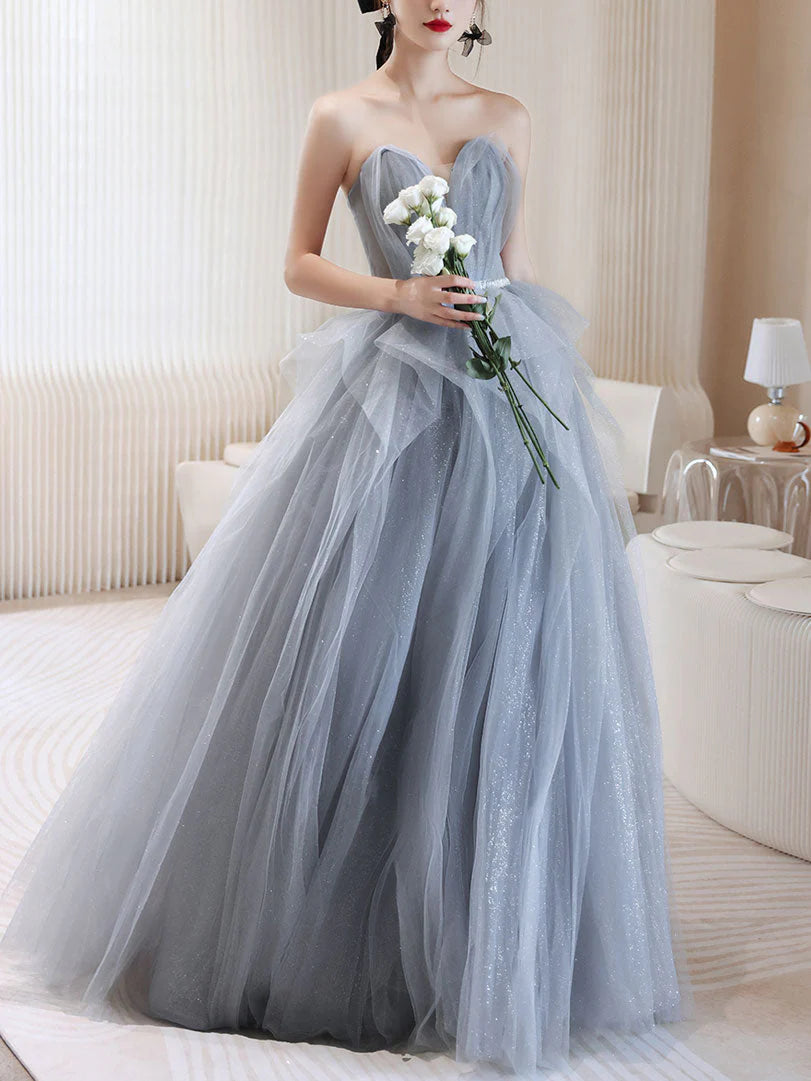 Gray tulle off shoulder long prom dress gray tulle prom dress