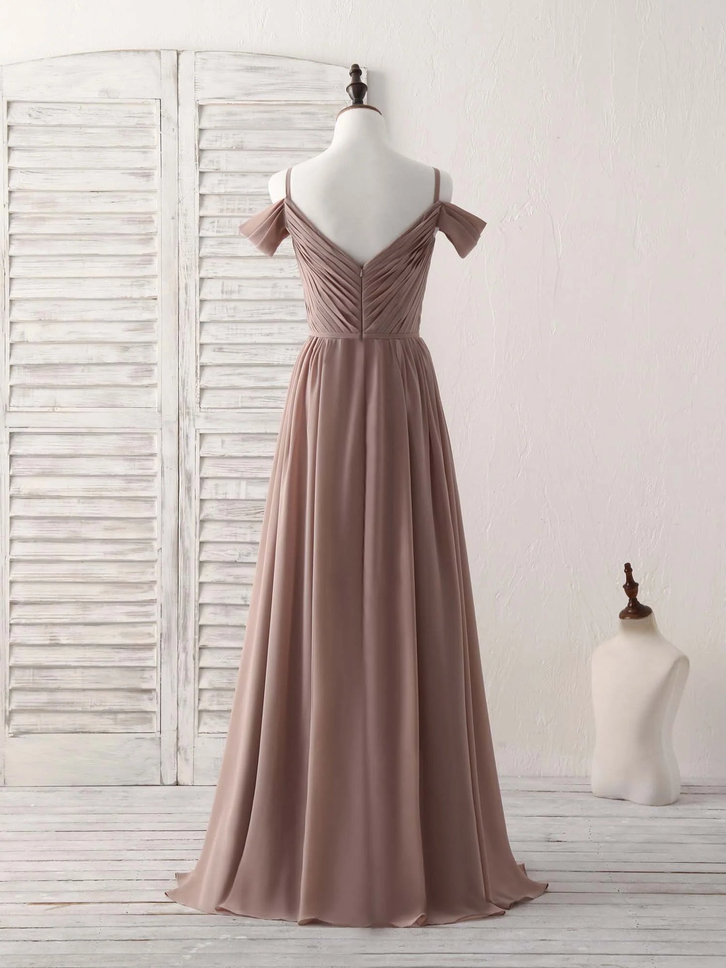 V Neck Dark Champagne Chiffon Long Prom Dress Bridesmaid Dress