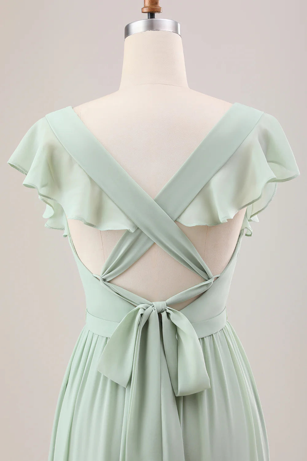 A Line V Neck Lace-Up Back Long Bridesmaid Dress With Slit