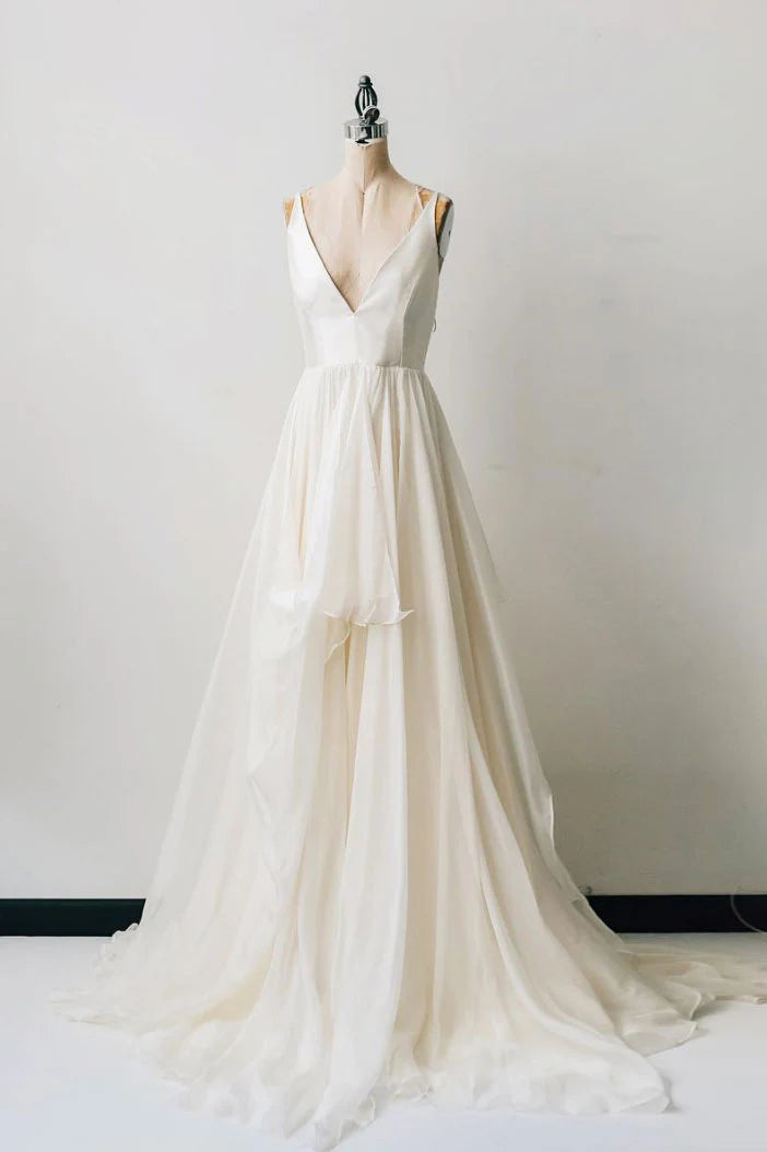 Simple v neck white chiffon long prom dress white prom dress