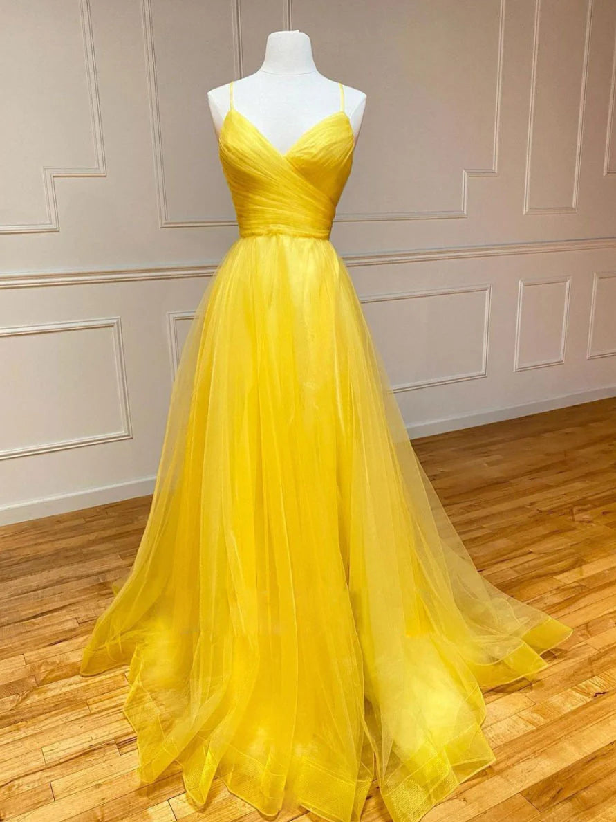 Yellow sweetheart tulle long prom dress yellow prom dress