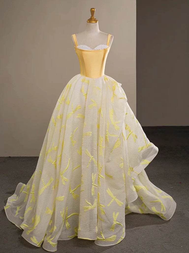 A-Line Sweetheart Neck Tulle Lace Yellow Long Evening Dress