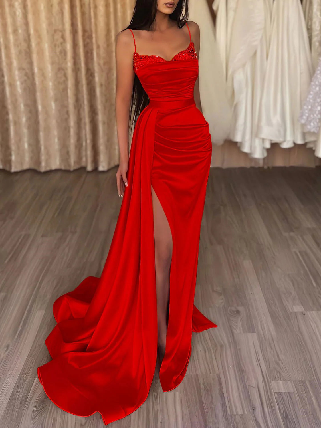 Unique Mermaid Satin Long Prom Dress Red Long Formal Evening Dress