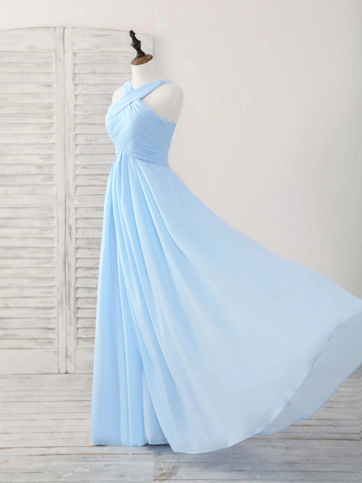 V Neck Chiffon Blue Long Prom Dress Blue Bridesmaid Dress