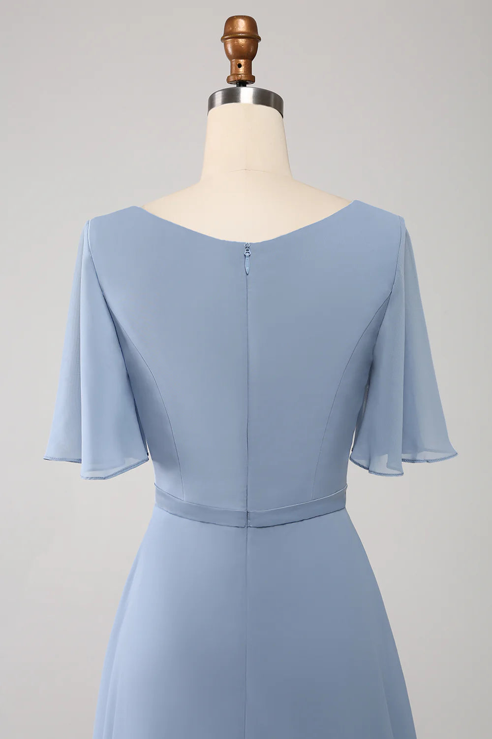 A Line V Neck Chiffon Floor Length Dusty Blue Bridesmaid Dress