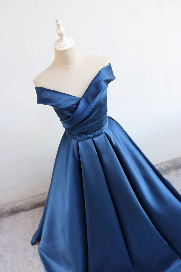 Blue V Neck Satin Long Prom Dress Blue Satin Evening Dress