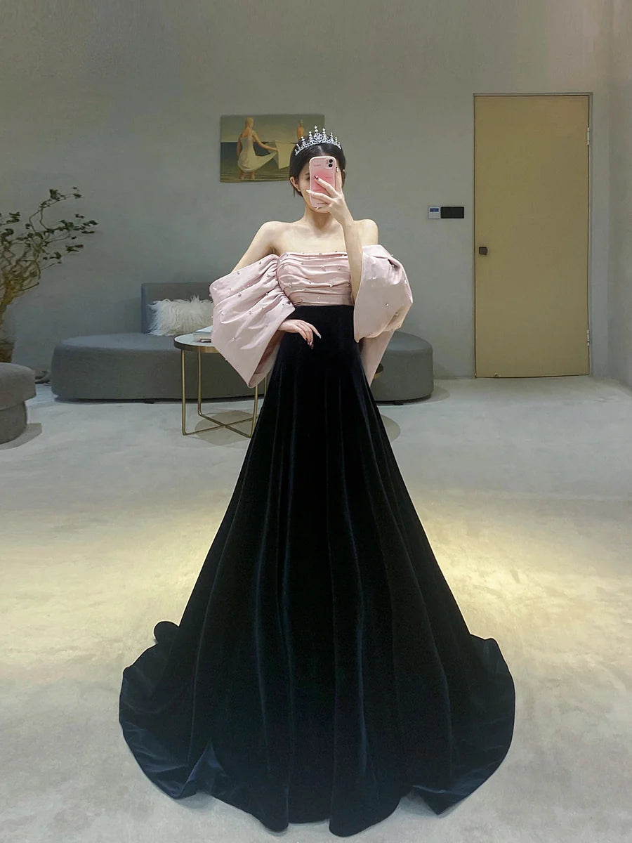 Black/pink Velvet Long Prom Dress Black Long Formal Evening Dress