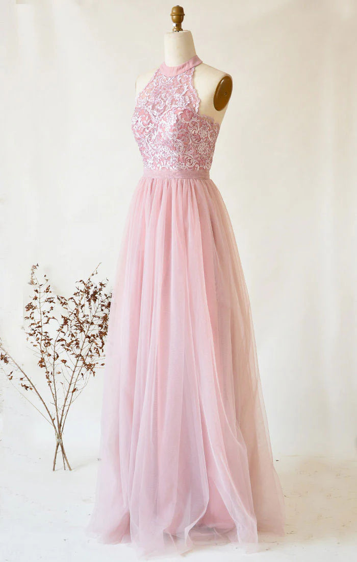 Pink tulle lace long prom dress pink tulle lace prom dress