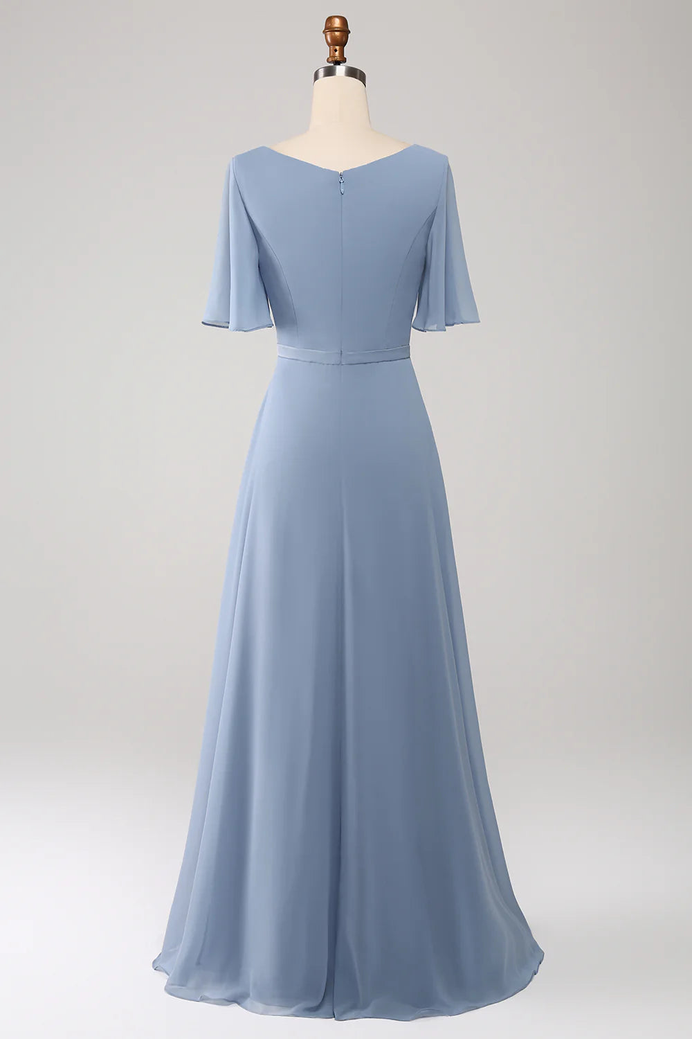 A Line V Neck Chiffon Floor Length Dusty Blue Bridesmaid Dress