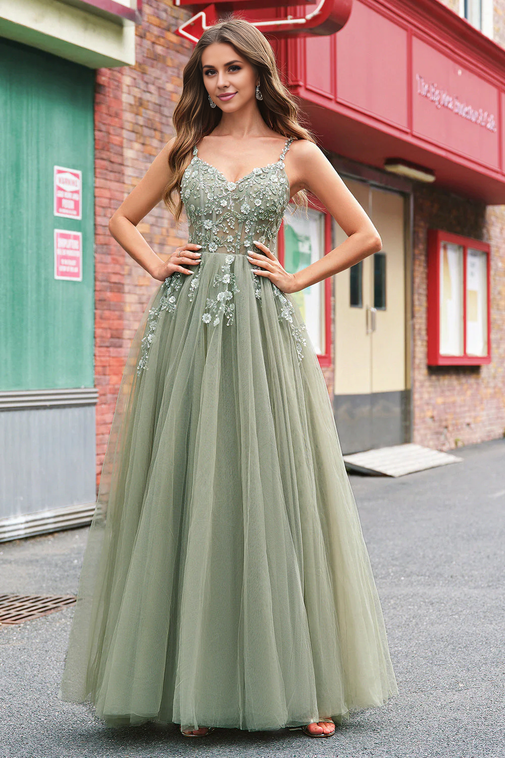 OKBBN A-line tight corset sequined chiffon long evening gown