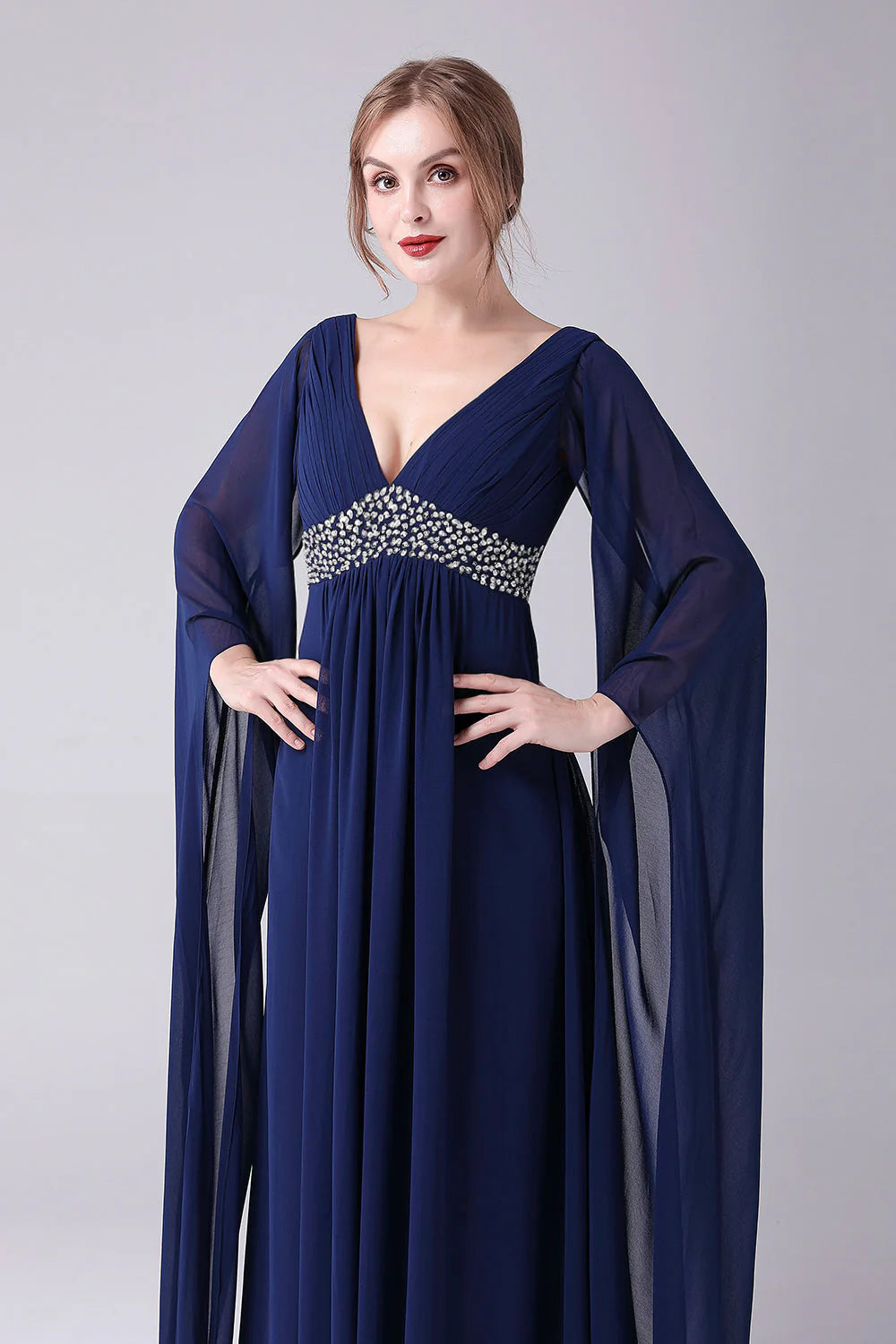 OKBBN A-line V-neck chiffon pleated long bridal mother gown
